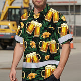 Hi Vis Hawaiian Shirt Reflective Tapes Green Yellow Drink Tropical Cocktail Beer Print Custom Name Safety Workwear For Workers, Truckers, Operators