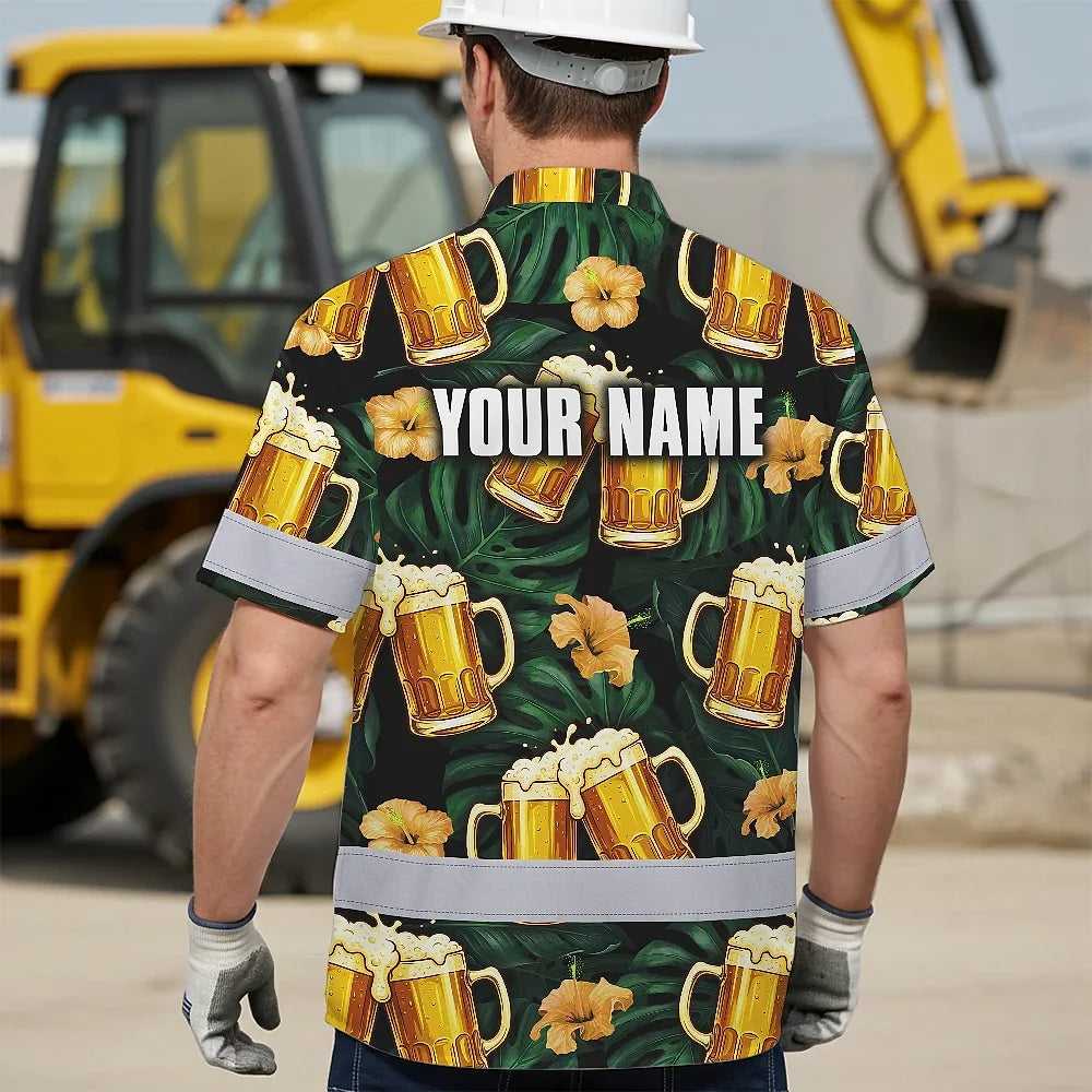 Hi Vis Hawaiian Shirt Reflective Tapes Green Yellow Drink Tropical Cocktail Beer Print Custom Name Safety Workwear For Workers, Truckers, Operators