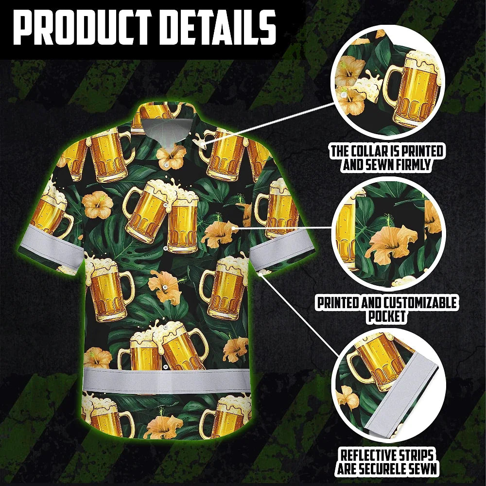 Hi Vis Hawaiian Shirt Reflective Tapes Green Yellow Drink Tropical Cocktail Beer Print Custom Name Safety Workwear For Workers, Truckers, Operators