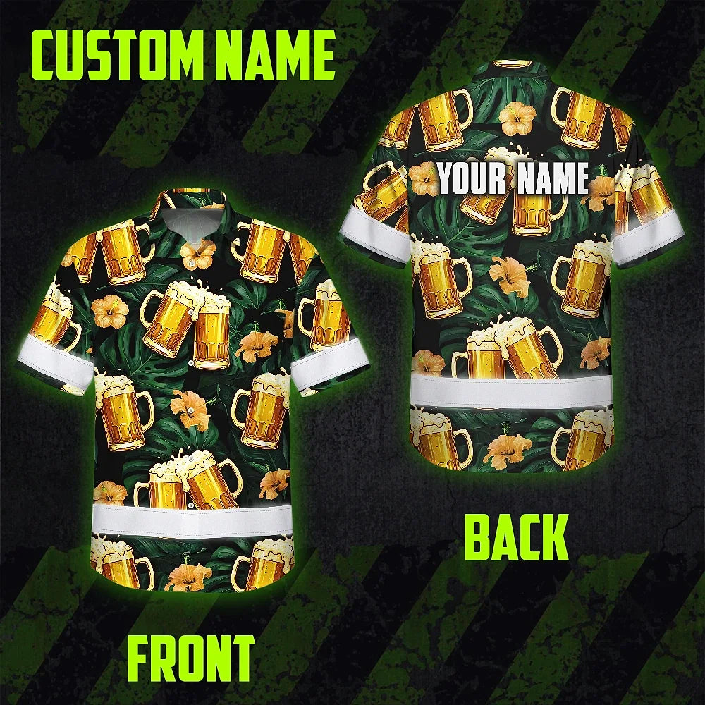 Hi Vis Hawaiian Shirt Reflective Tapes Green Yellow Drink Tropical Cocktail Beer Print Custom Name Safety Workwear For Workers, Truckers, Operators