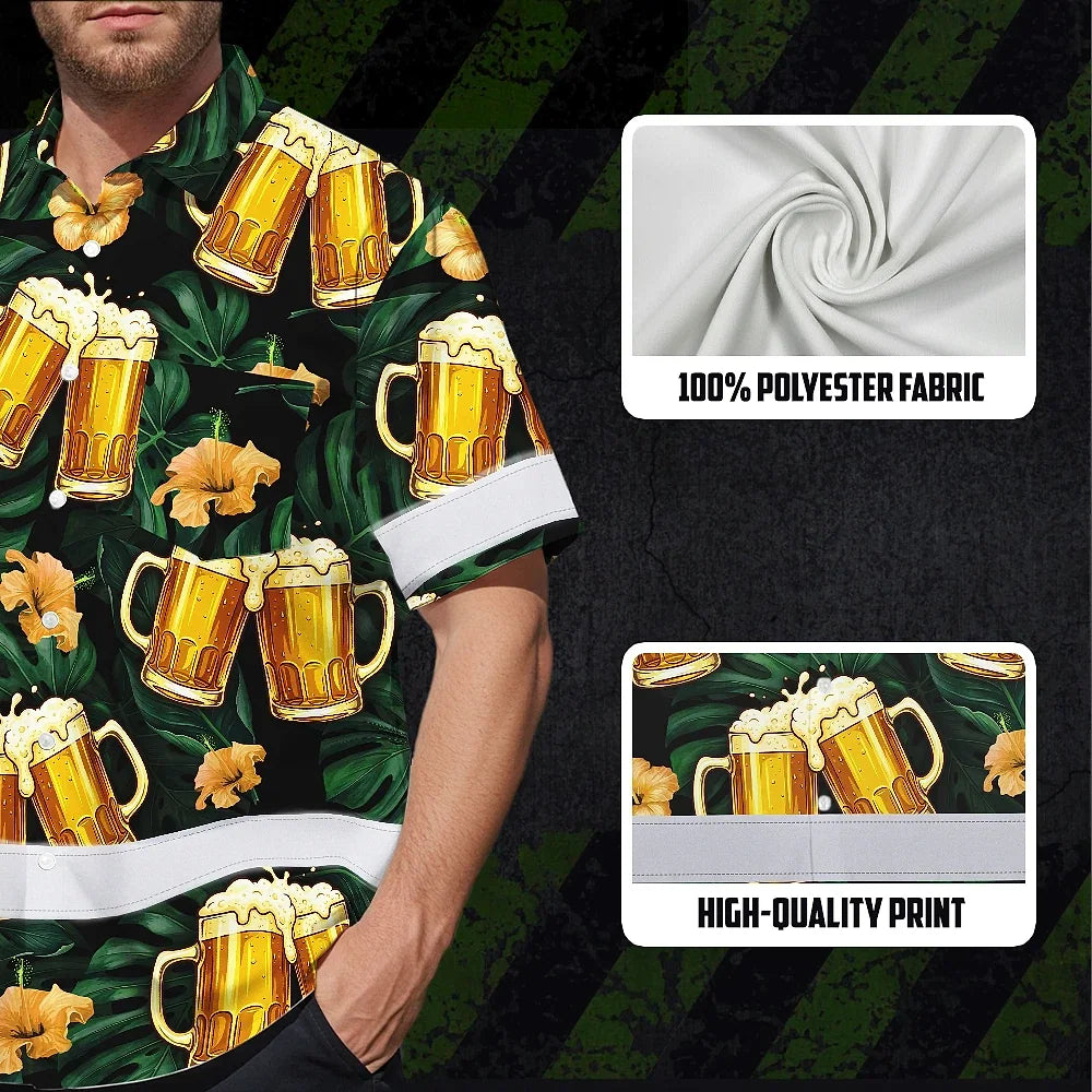 Hi Vis Hawaiian Shirt Reflective Tapes Green Yellow Drink Tropical Cocktail Beer Print Custom Name Safety Workwear For Workers, Truckers, Operators