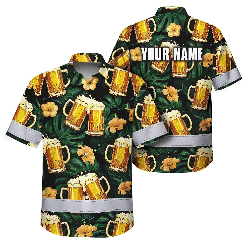 Hi Vis Hawaiian Shirt Reflective Tapes Green Yellow Drink Tropical Cocktail Beer Print Custom Name Safety Workwear For Workers, Truckers, Operators