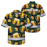 Hi Vis Hawaiian Shirt Reflective Tapes Green Yellow Drink Tropical Cocktail Beer Print Custom Name Safety Workwear For Workers, Truckers, Operators