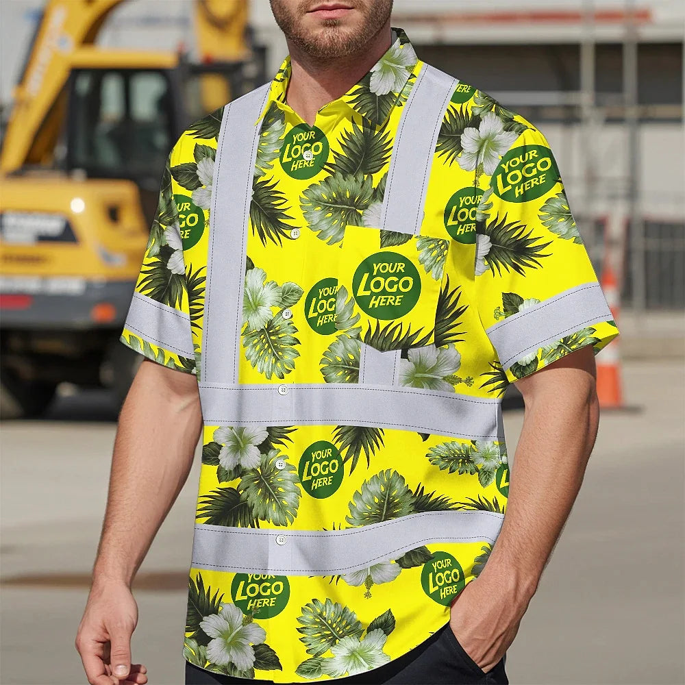 Hi Vis Hawaiian Shirt Reflective Tapes Green Yellow Flowers Custom Name And Logo Safety Workwear For Workers, Truckers, Operators, Company