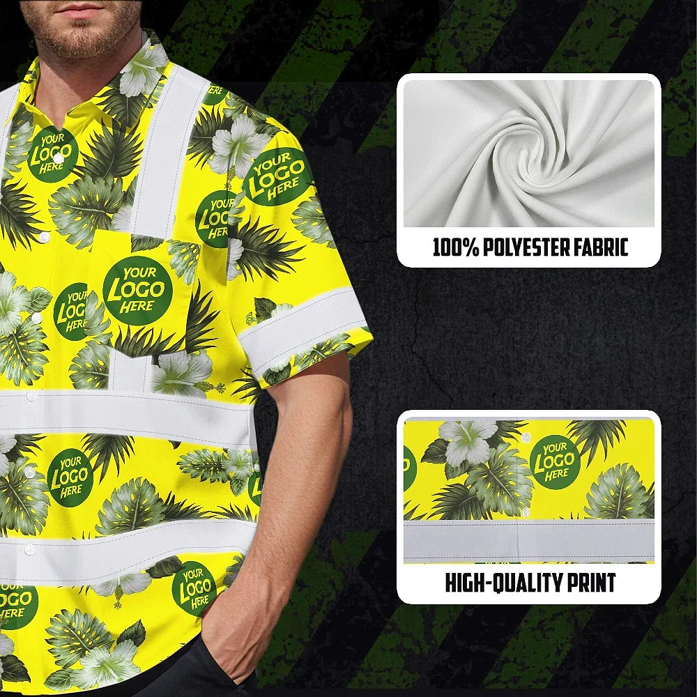 Hi Vis Hawaiian Shirt Reflective Tapes Green Yellow Flowers Custom Name And Logo Safety Workwear For Workers, Truckers, Operators, Company
