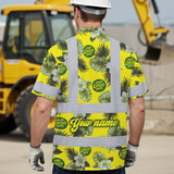 Hi Vis Hawaiian Shirt Reflective Tapes Green Yellow Flowers Custom Name And Logo Safety Workwear For Workers, Truckers, Operators, Company