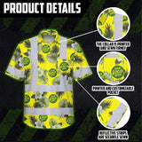 Hi Vis Hawaiian Shirt Reflective Tapes Green Yellow Flowers Custom Name And Logo Safety Workwear For Workers, Truckers, Operators, Company
