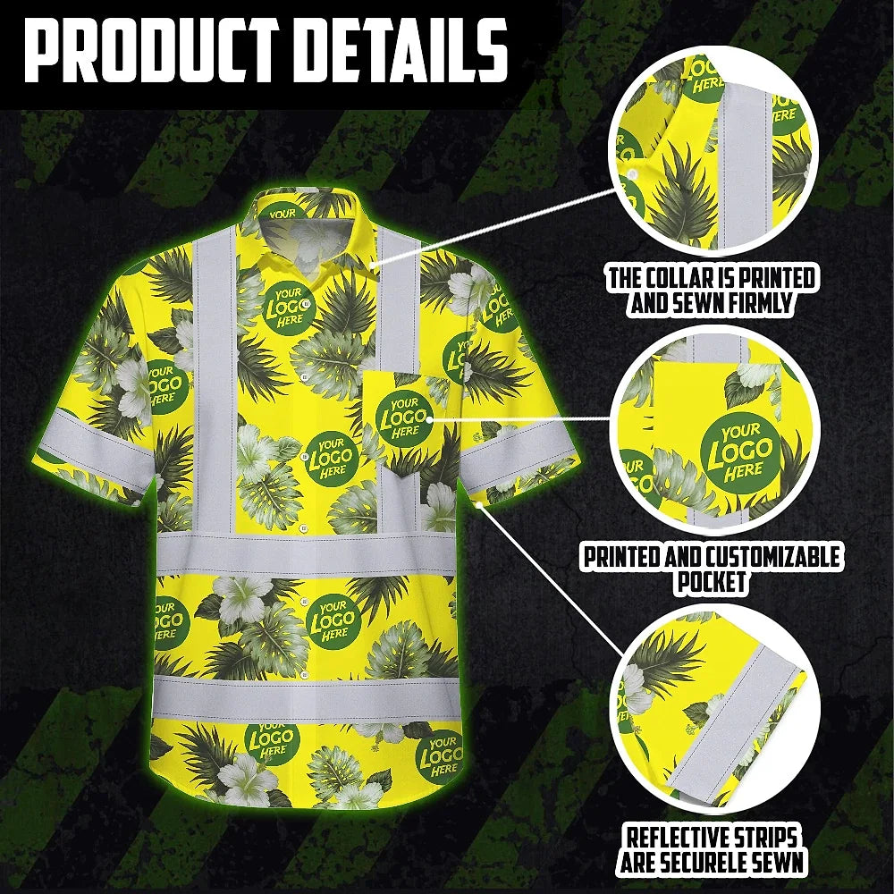Hi Vis Hawaiian Shirt Reflective Tapes Green Yellow Flowers Custom Name And Logo Safety Workwear For Workers, Truckers, Operators, Company