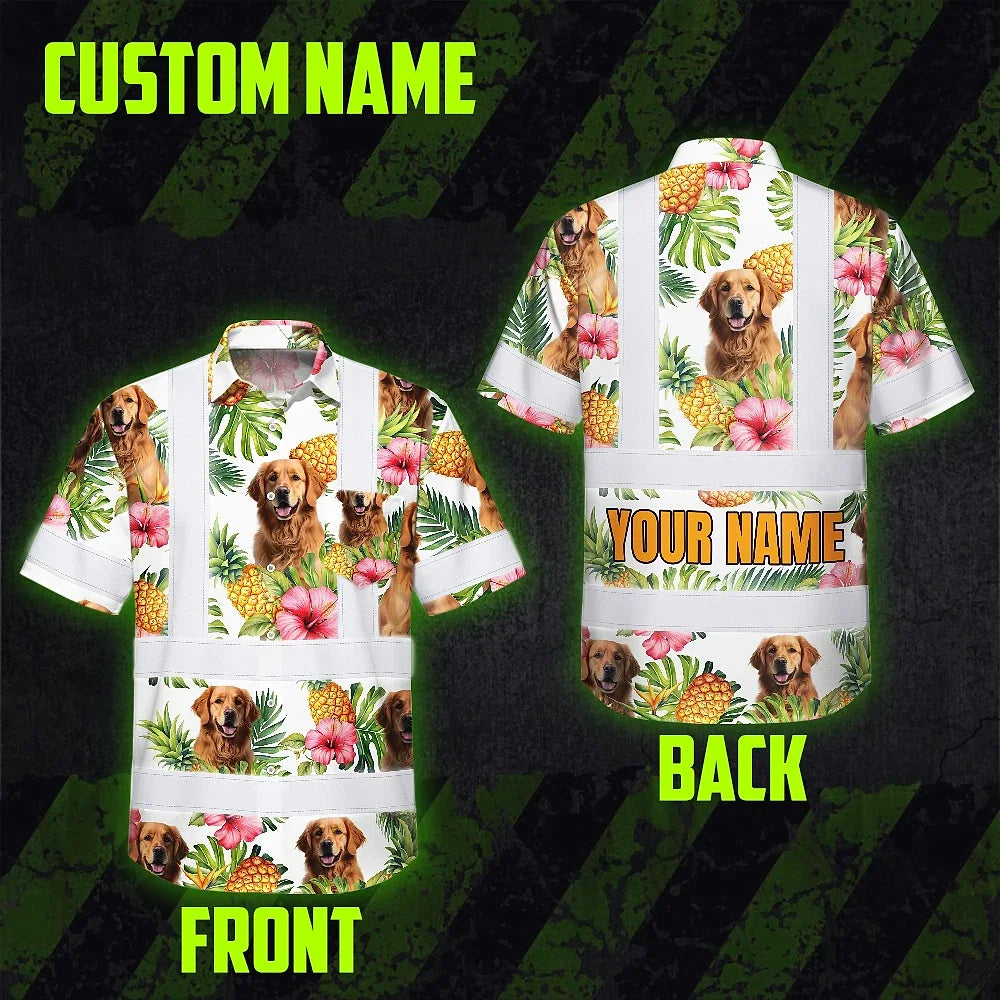 Hi Vis Hawaiian Shirt Reflective Tapes Green Yellow Flowers Custom Name And Image Safety Workwear For Workers, Truckers, Operators, Company, Pet Lovers