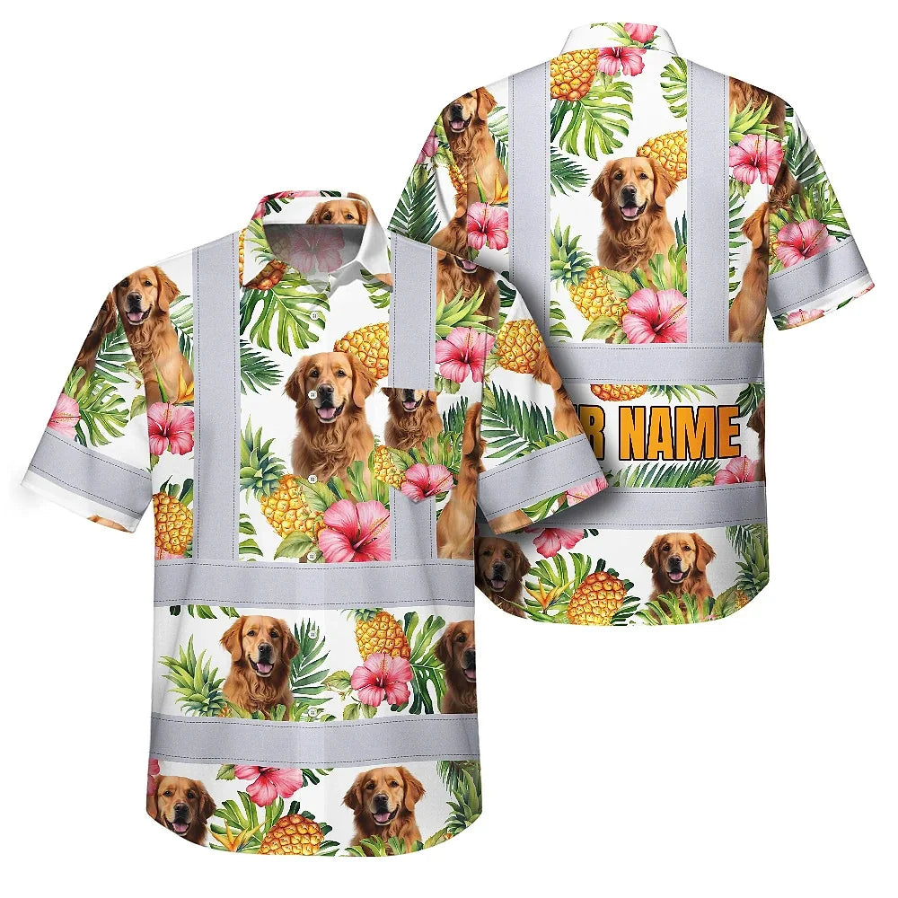 Hi Vis Hawaiian Shirt Reflective Tapes Green Yellow Flowers Custom Name And Image Safety Workwear For Workers, Truckers, Operators, Company, Pet Lovers