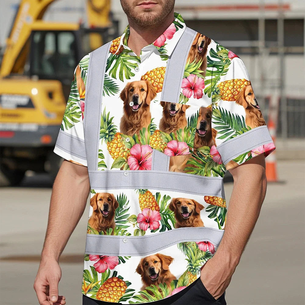 Hi Vis Hawaiian Shirt Reflective Tapes Green Yellow Flowers Custom Name And Image Safety Workwear For Workers, Truckers, Operators, Company, Pet Lovers