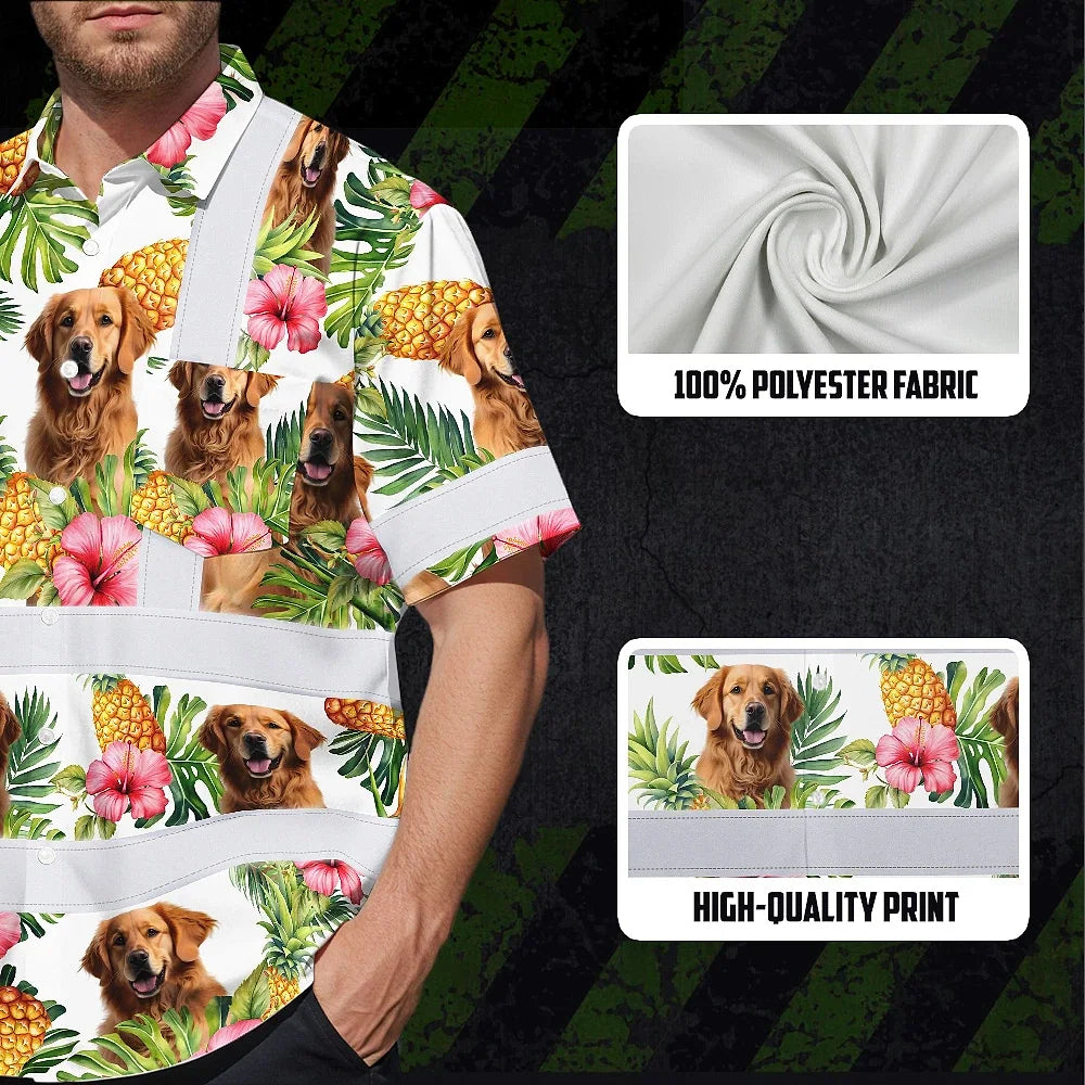 Hi Vis Hawaiian Shirt Reflective Tapes Green Yellow Flowers Custom Name And Image Safety Workwear For Workers, Truckers, Operators, Company, Pet Lovers