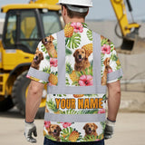 Hi Vis Hawaiian Shirt Reflective Tapes Green Yellow Flowers Custom Name And Image Safety Workwear For Workers, Truckers, Operators, Company, Pet Lovers