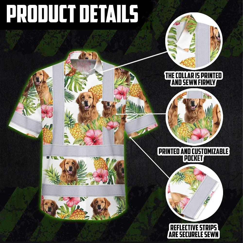 Hi Vis Hawaiian Shirt Reflective Tapes Green Yellow Flowers Custom Name And Image Safety Workwear For Workers, Truckers, Operators, Company, Pet Lovers