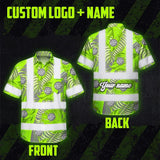 Hi Vis Hawaiian Shirt Reflective Tapes Grey And Green Neon Flowers Custom Name And Logo Safety Workwear For Workers, Truckers, Operators, Company