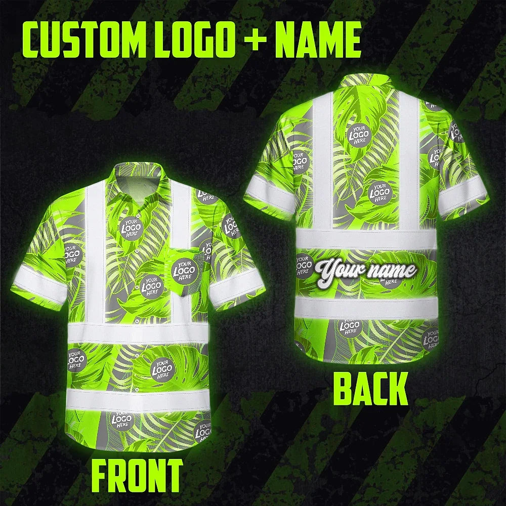 Hi Vis Hawaiian Shirt Reflective Tapes Grey And Green Neon Flowers Custom Name And Logo Safety Workwear For Workers, Truckers, Operators, Company