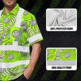 Hi Vis Hawaiian Shirt Reflective Tapes Grey And Green Neon Flowers Custom Name And Logo Safety Workwear For Workers, Truckers, Operators, Company