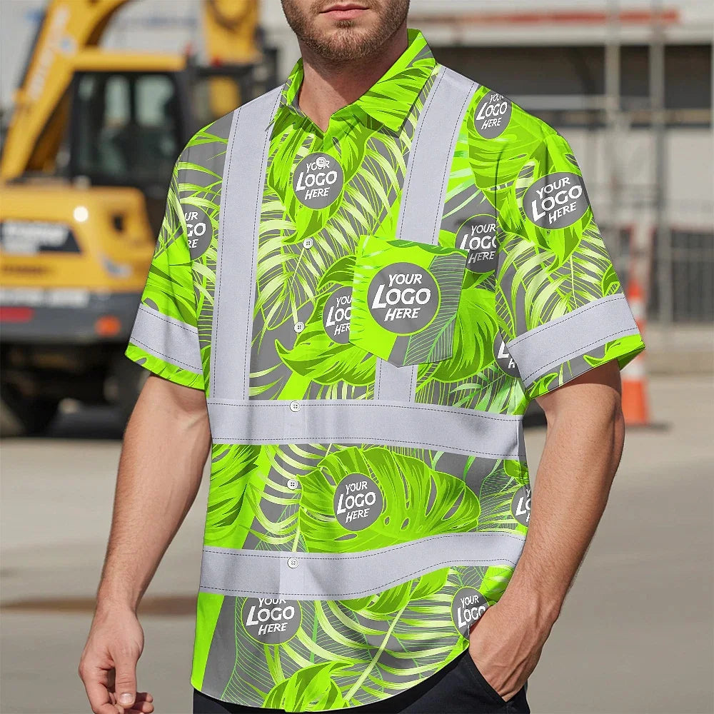 Hi Vis Hawaiian Shirt Reflective Tapes Grey And Green Neon Flowers Custom Name And Logo Safety Workwear For Workers, Truckers, Operators, Company