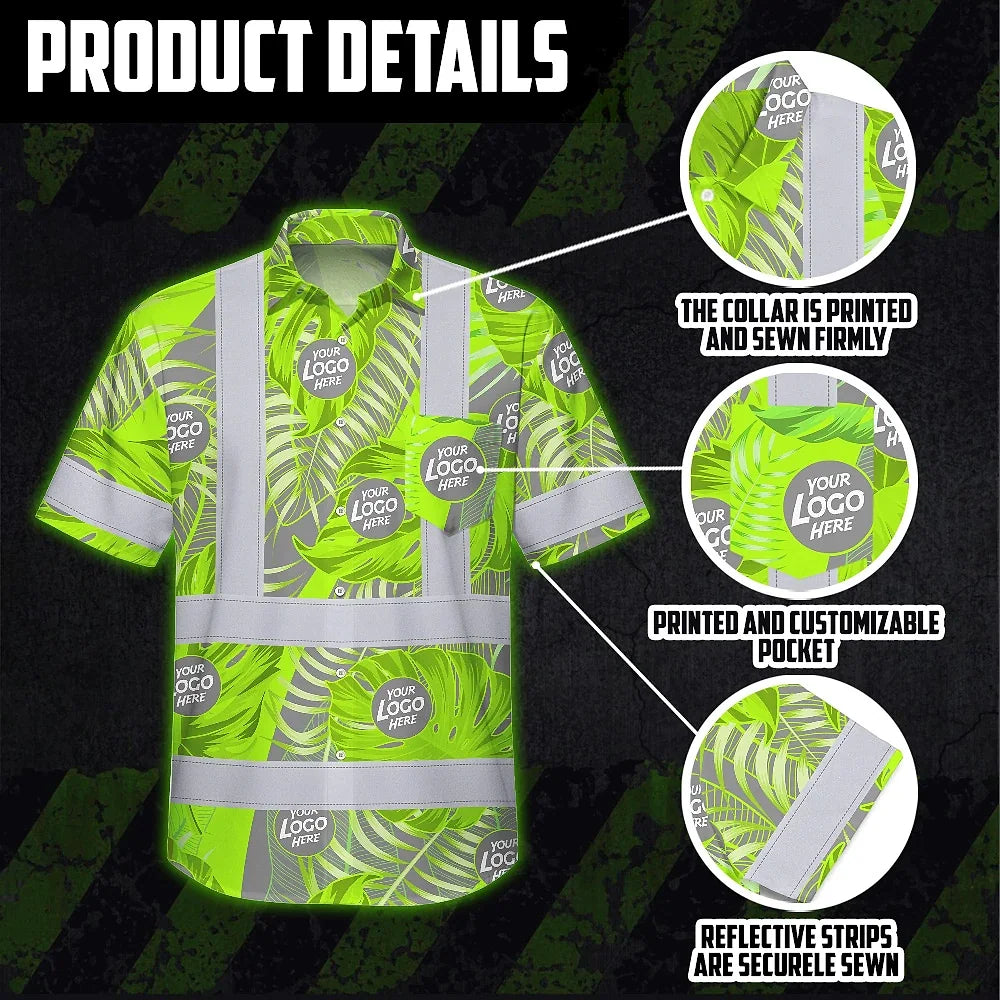 Hi Vis Hawaiian Shirt Reflective Tapes Grey And Green Neon Flowers Custom Name And Logo Safety Workwear For Workers, Truckers, Operators, Company