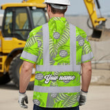 Hi Vis Hawaiian Shirt Reflective Tapes Grey And Green Neon Flowers Custom Name And Logo Safety Workwear For Workers, Truckers, Operators, Company