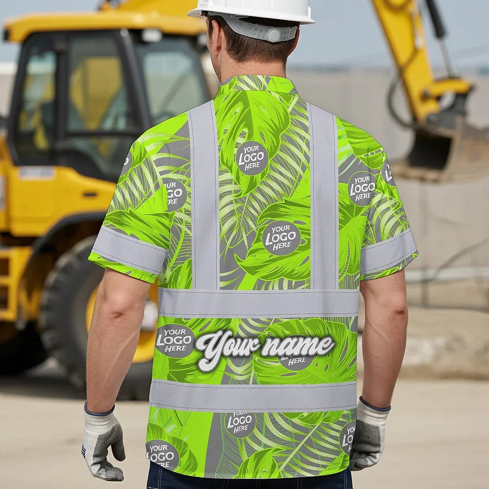 Hi Vis Hawaiian Shirt Reflective Tapes Grey And Green Neon Flowers Custom Name And Logo Safety Workwear For Workers, Truckers, Operators, Company