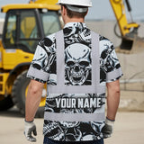 Hi Vis Hawaiian Shirt Reflective Tapes Grey Black Skull Custom Name Safety Workwear For Workers, Truckers, Operators