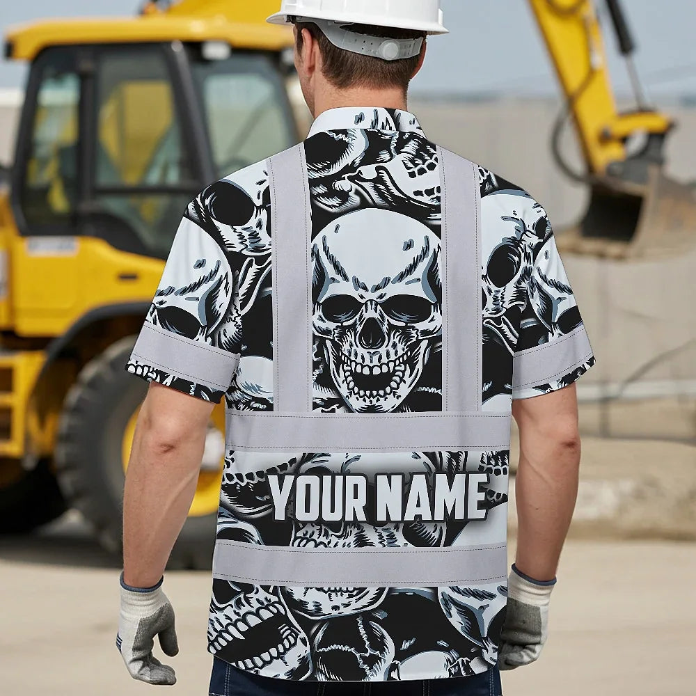 Hi Vis Hawaiian Shirt Reflective Tapes Grey Black Skull Custom Name Safety Workwear For Workers, Truckers, Operators