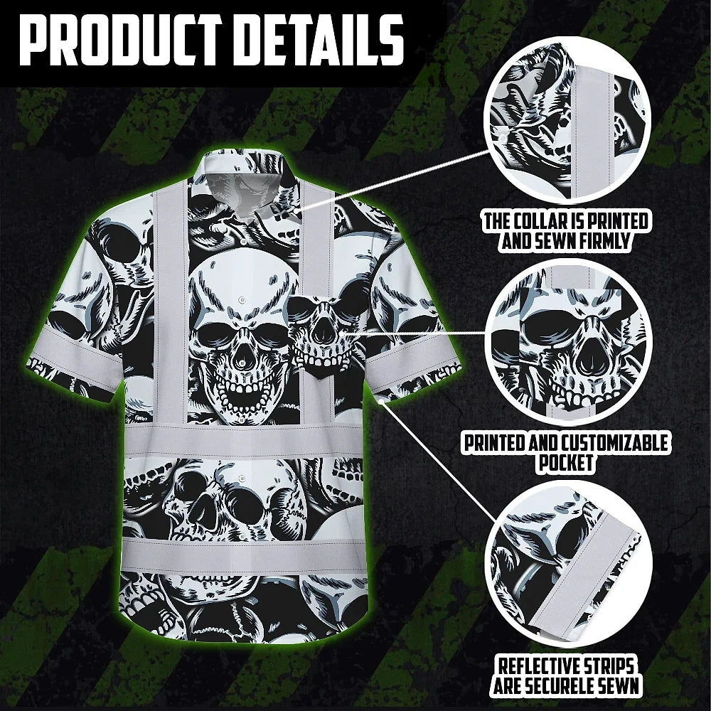 Hi Vis Hawaiian Shirt Reflective Tapes Grey Black Skull Custom Name Safety Workwear For Workers, Truckers, Operators