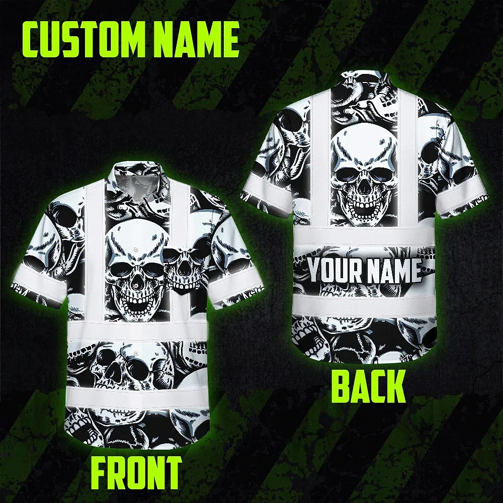 Hi Vis Hawaiian Shirt Reflective Tapes Grey Black Skull Custom Name Safety Workwear For Workers, Truckers, Operators