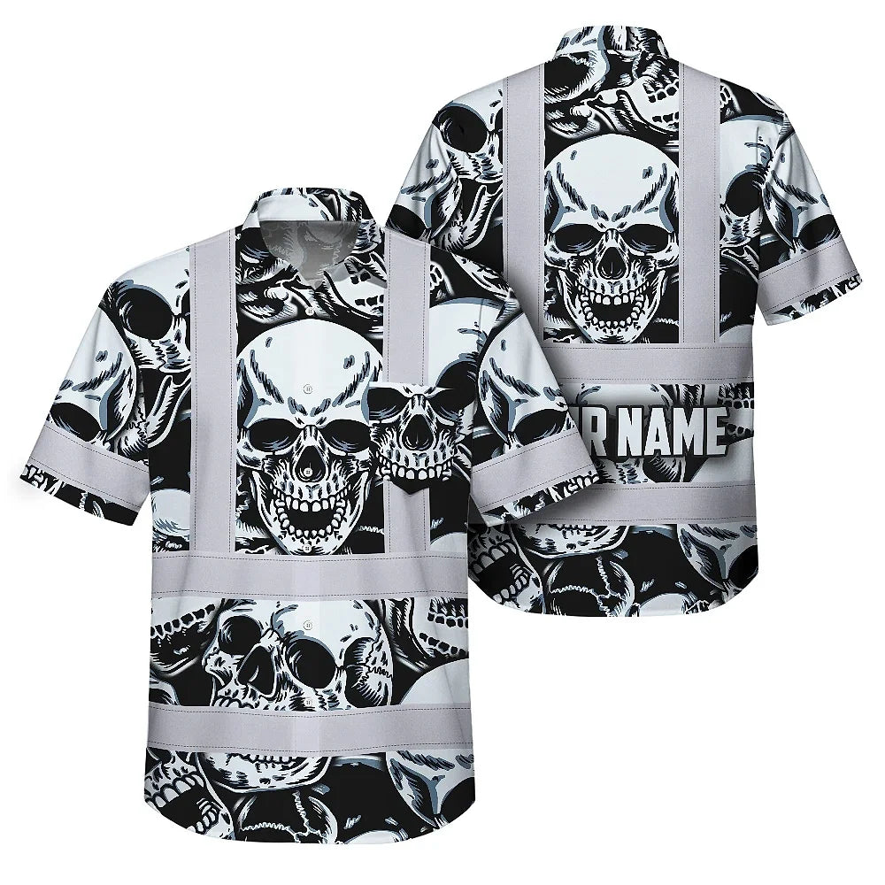 Hi Vis Hawaiian Shirt Reflective Tapes Grey Black Skull Custom Name Safety Workwear For Workers, Truckers, Operators