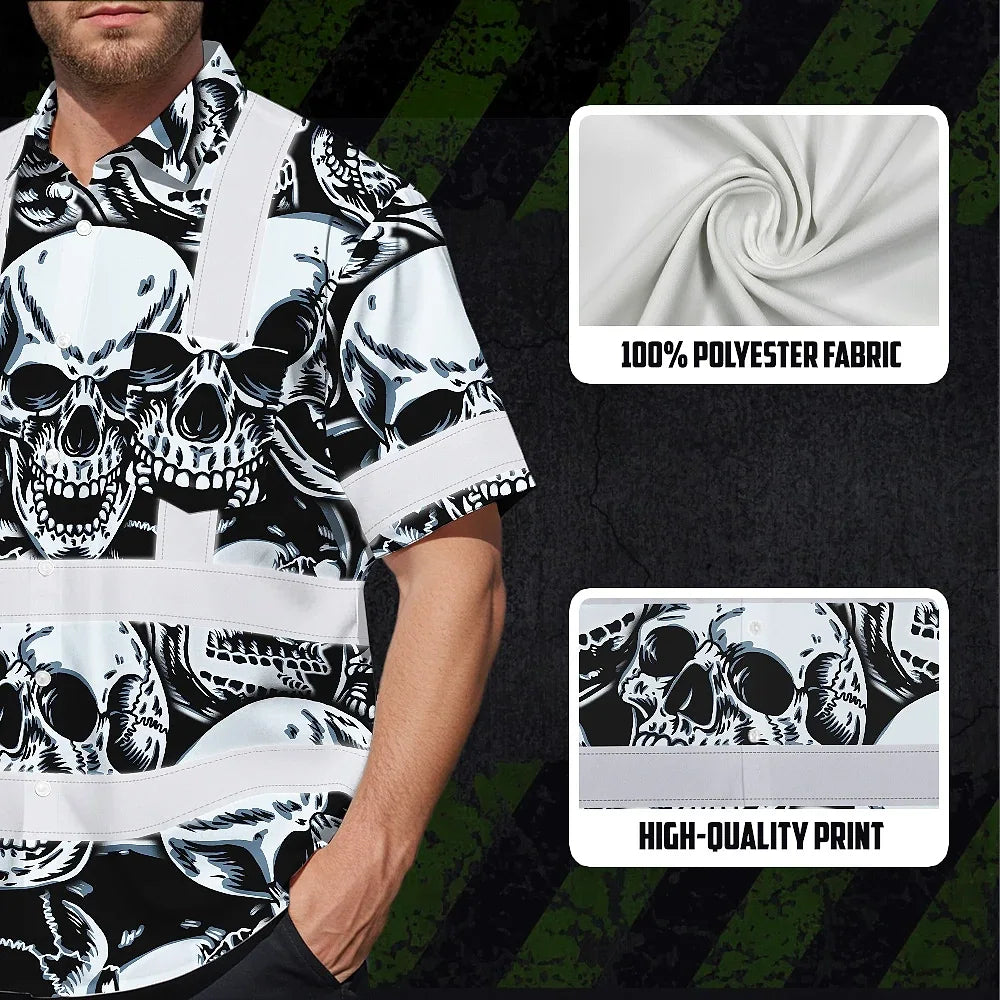 Hi Vis Hawaiian Shirt Reflective Tapes Grey Black Skull Custom Name Safety Workwear For Workers, Truckers, Operators