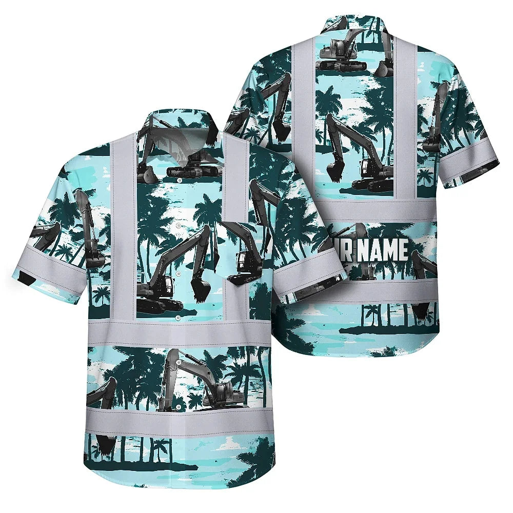 Hi Vis Hawaiian Shirt Reflective Tapes Grey Excavator Custom Name Safety Workwear For Workers, Truckers, Operators