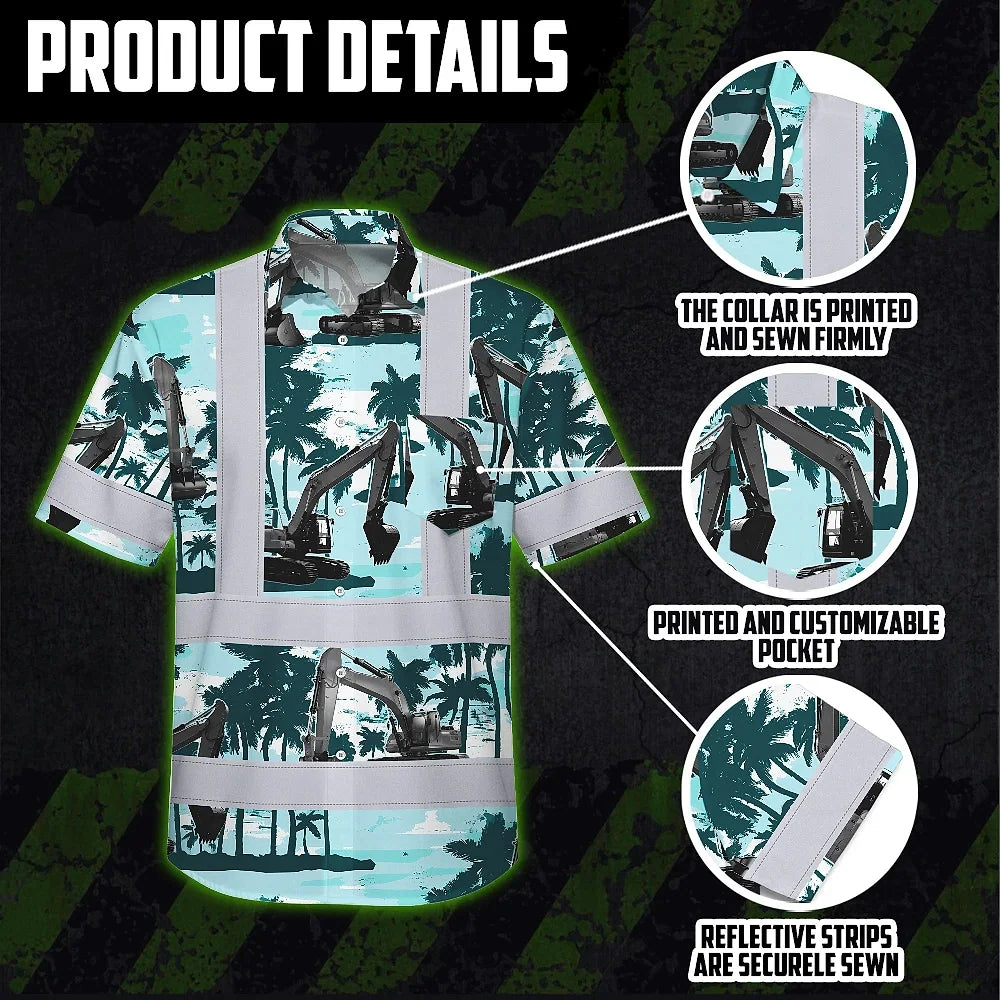 Hi Vis Hawaiian Shirt Reflective Tapes Grey Excavator Custom Name Safety Workwear For Workers, Truckers, Operators