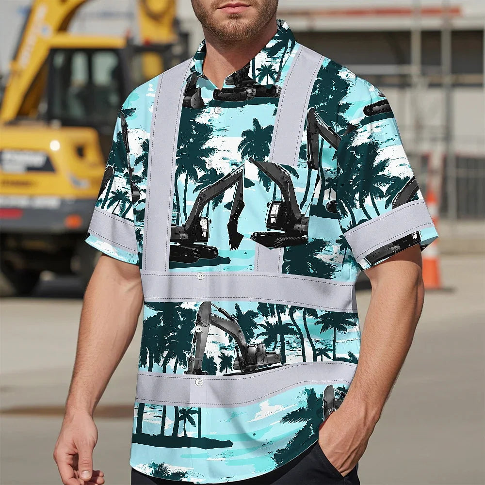 Hi Vis Hawaiian Shirt Reflective Tapes Grey Excavator Custom Name Safety Workwear For Workers, Truckers, Operators
