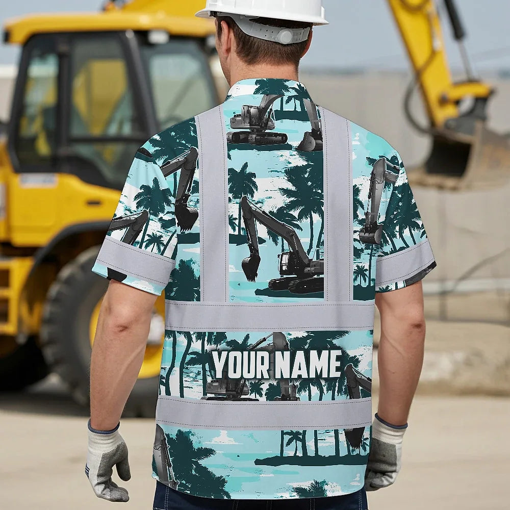 Hi Vis Hawaiian Shirt Reflective Tapes Grey Excavator Custom Name Safety Workwear For Workers, Truckers, Operators