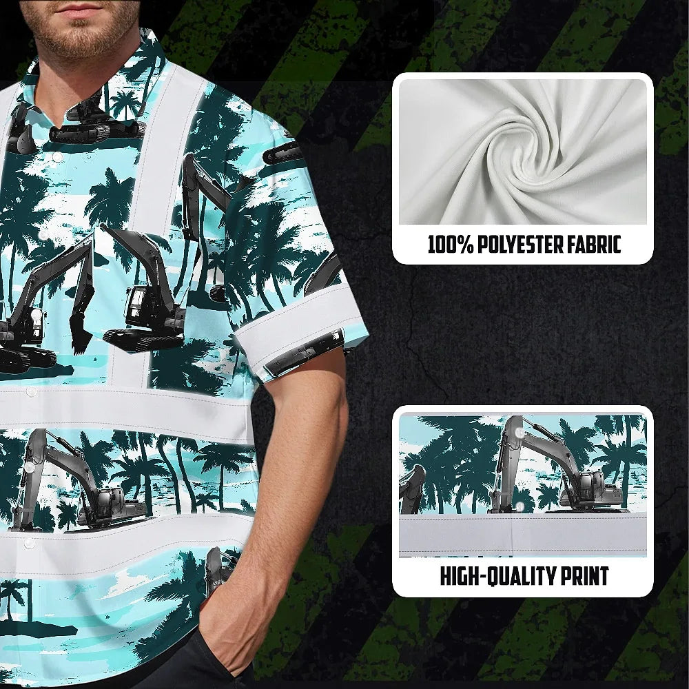 Hi Vis Hawaiian Shirt Reflective Tapes Grey Excavator Custom Name Safety Workwear For Workers, Truckers, Operators