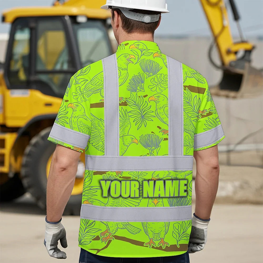 Hi Vis Hawaiian Shirt Reflective Tapes Grey Green Eagle Custom Name Safety Workwear For Workers, Truckers, Operators