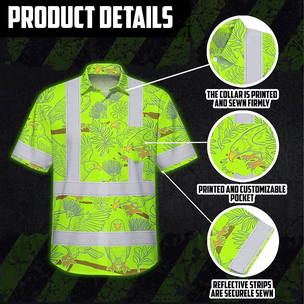Hi Vis Hawaiian Shirt Reflective Tapes Grey Green Eagle Custom Name Safety Workwear For Workers, Truckers, Operators