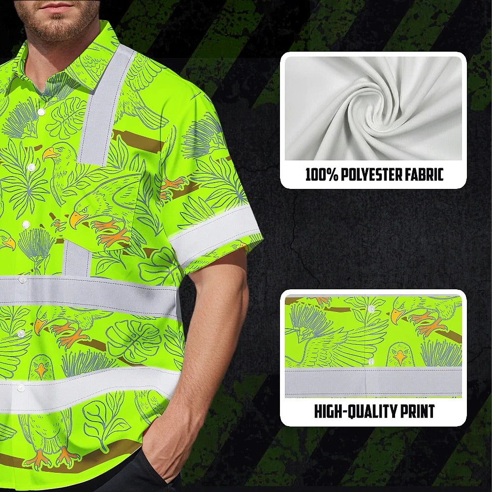 Hi Vis Hawaiian Shirt Reflective Tapes Grey Green Eagle Custom Name Safety Workwear For Workers, Truckers, Operators