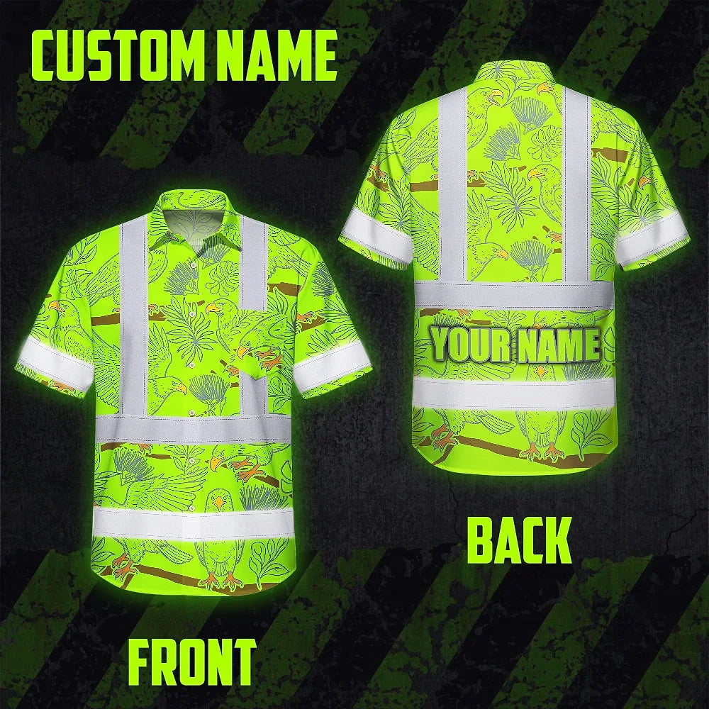 Hi Vis Hawaiian Shirt Reflective Tapes Grey Green Eagle Custom Name Safety Workwear For Workers, Truckers, Operators