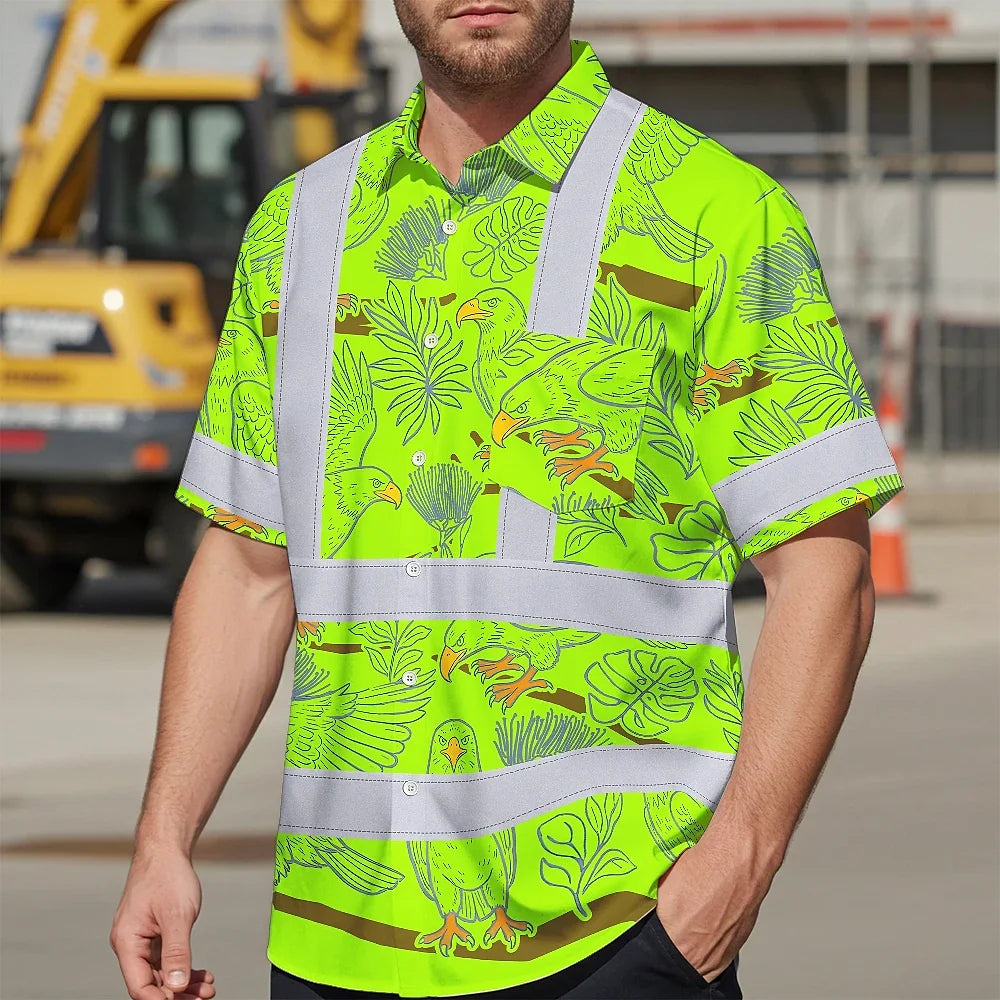 Hi Vis Hawaiian Shirt Reflective Tapes Grey Green Eagle Custom Name Safety Workwear For Workers, Truckers, Operators