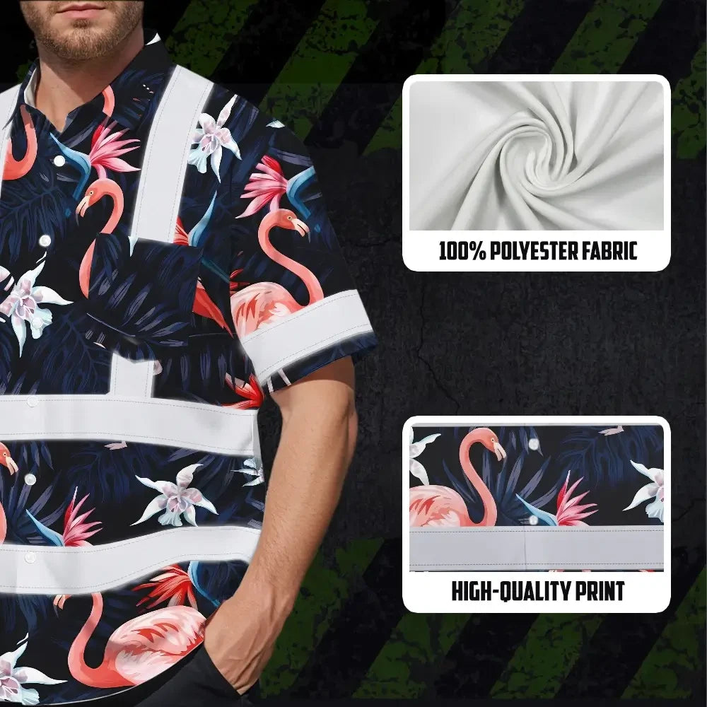 Hi Vis Hawaiian Shirt Reflective Tapes Hawaii Flamingo 2 Custom Name Safety Workwear For Workers, Truckers, Operators