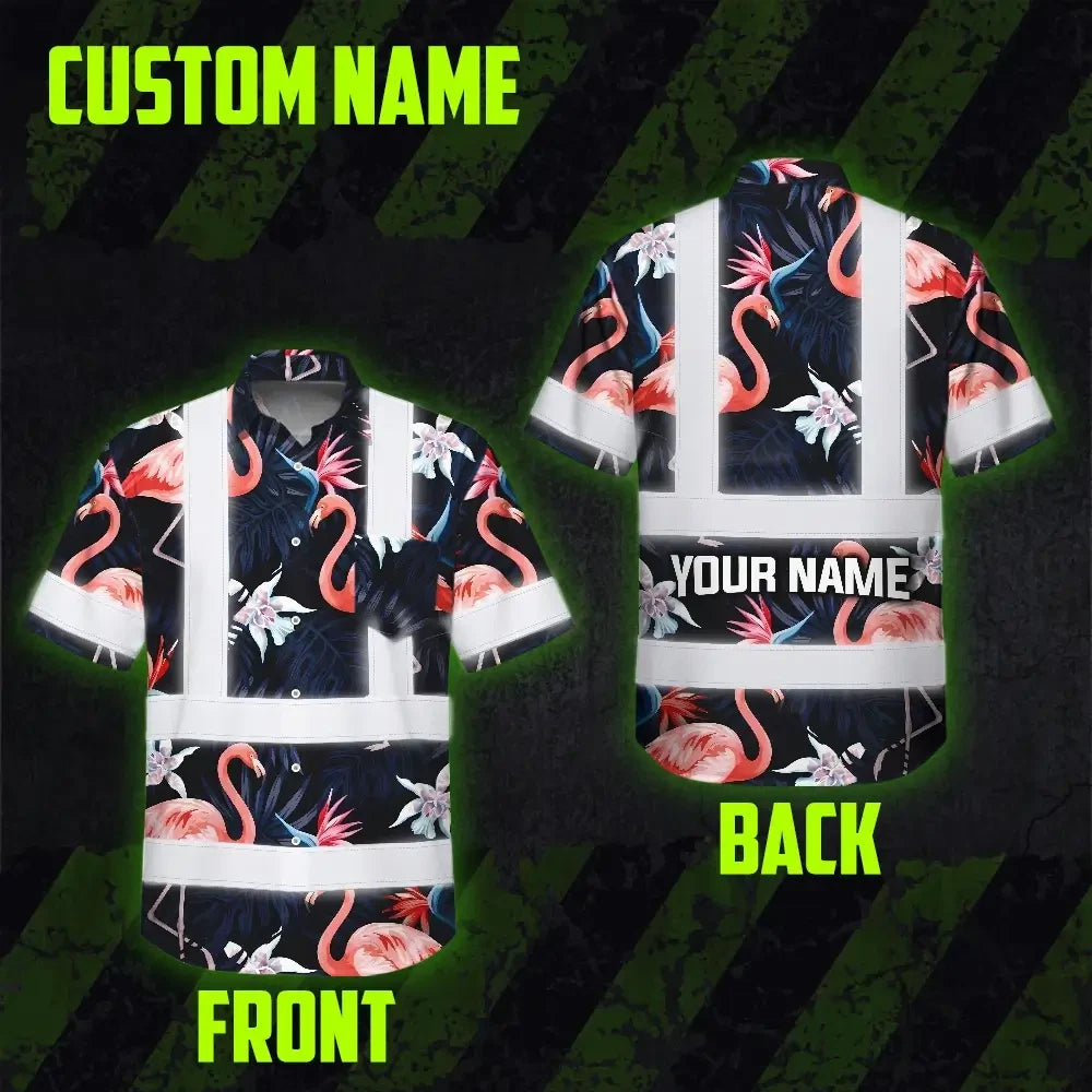 Hi Vis Hawaiian Shirt Reflective Tapes Hawaii Flamingo 2 Custom Name Safety Workwear For Workers, Truckers, Operators