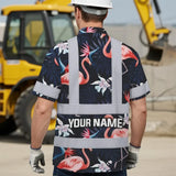 Hi Vis Hawaiian Shirt Reflective Tapes Hawaii Flamingo 2 Custom Name Safety Workwear For Workers, Truckers, Operators