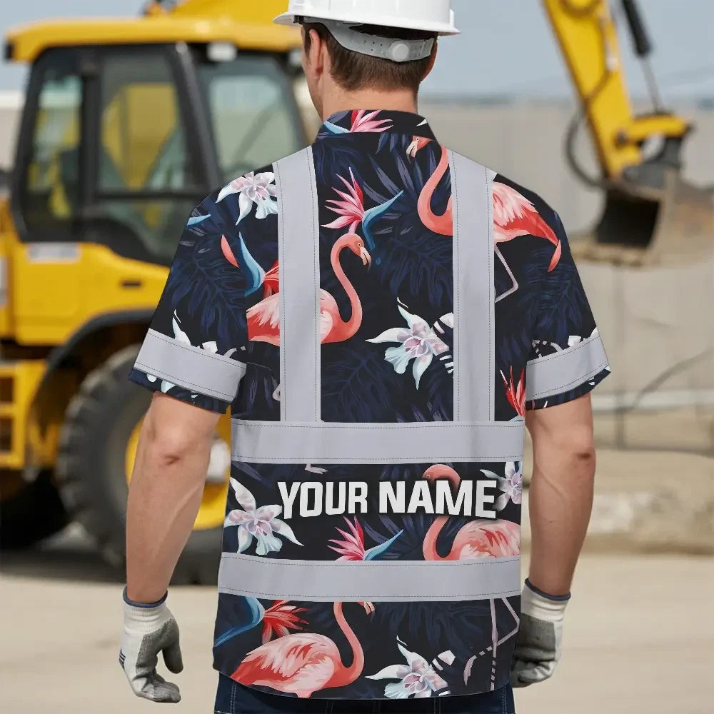 Hi Vis Hawaiian Shirt Reflective Tapes Hawaii Flamingo 2 Custom Name Safety Workwear For Workers, Truckers, Operators