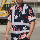 Hi Vis Hawaiian Shirt Reflective Tapes Hawaii Flamingo 2 Custom Name Safety Workwear For Workers, Truckers, Operators