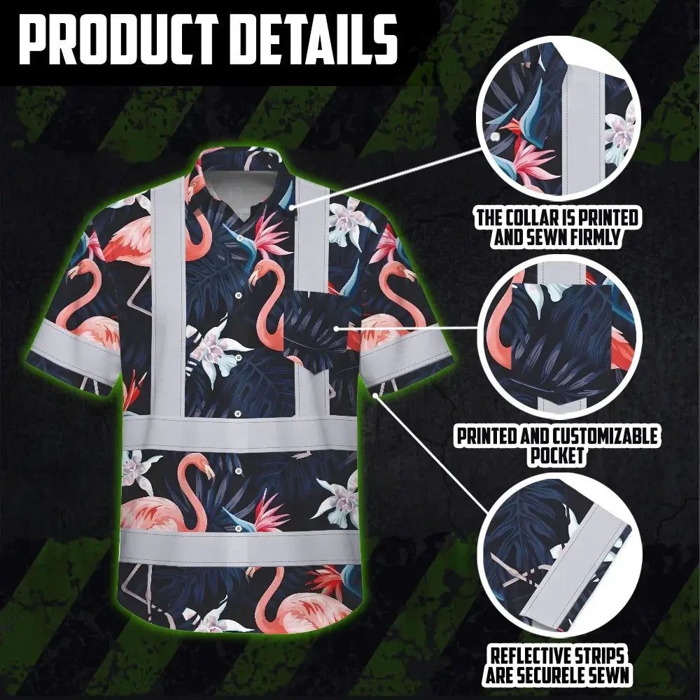 Hi Vis Hawaiian Shirt Reflective Tapes Hawaii Flamingo 2 Custom Name Safety Workwear For Workers, Truckers, Operators