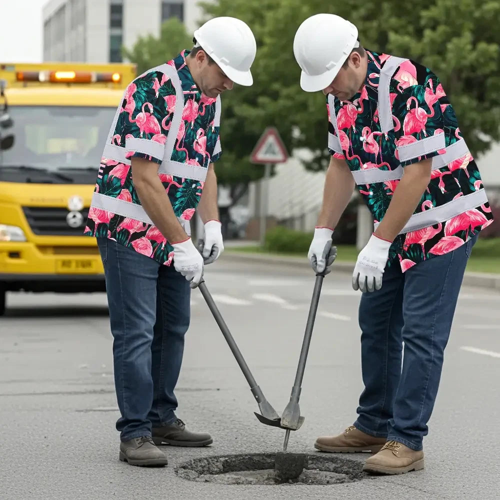 Hi Vis Hawaiian Shirt Reflective Tapes Hawaii Flamingo Custom Name Safety Workwear For Workers, Truckers, Operators