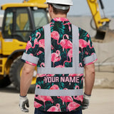 Hi Vis Hawaiian Shirt Reflective Tapes Hawaii Flamingo Custom Name Safety Workwear For Workers, Truckers, Operators