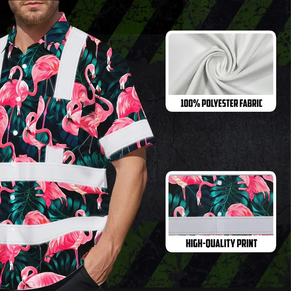 Hi Vis Hawaiian Shirt Reflective Tapes Hawaii Flamingo Custom Name Safety Workwear For Workers, Truckers, Operators